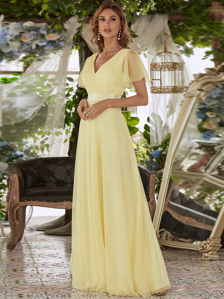 EVELYN DOUBLE V-NECK SHORT SLEEVE GOWN