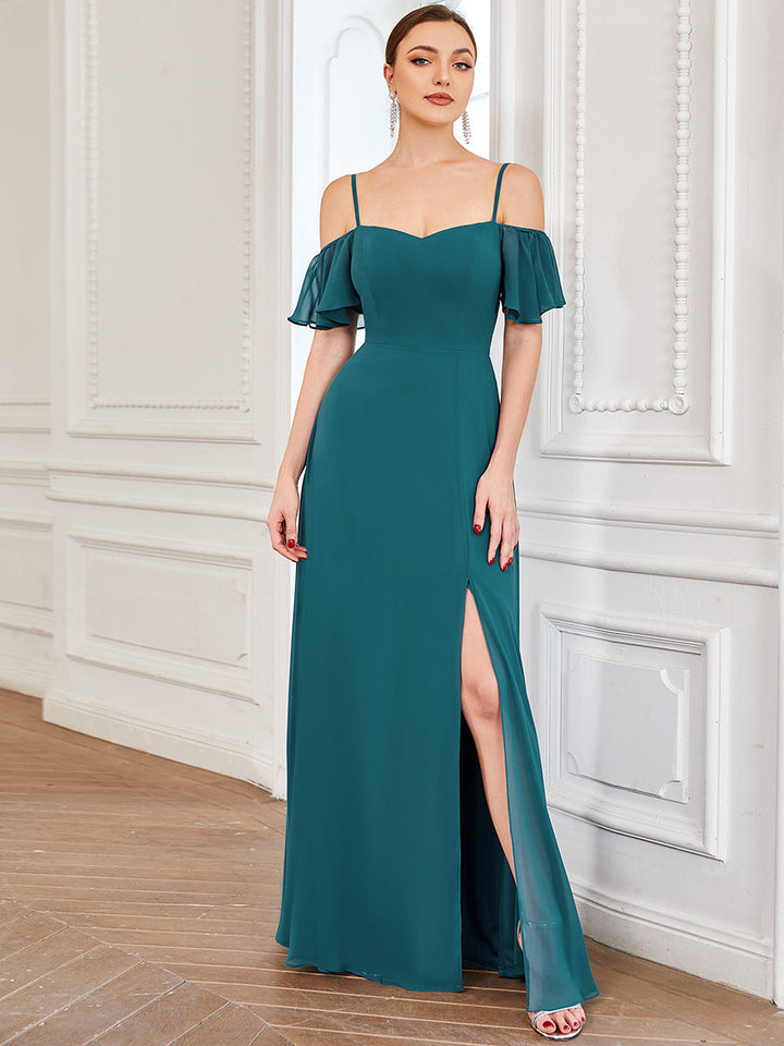 DOROTHY OFF-SHOULDER SPLIT V-NECK EVENING DRESS