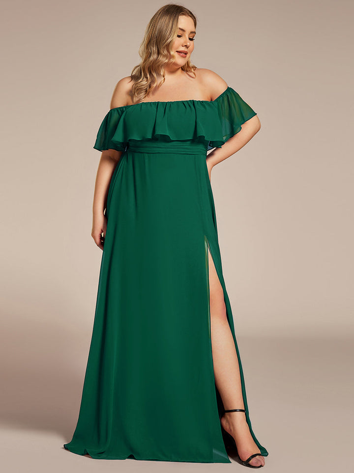 JUNE RUFFLED OFF-SHOULDER SPLIT GOWN