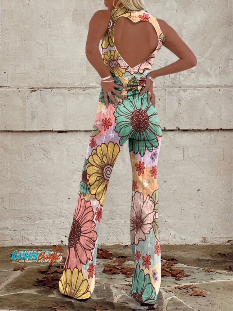 CLODA FLORAL ART DENIM JUMPSUIT