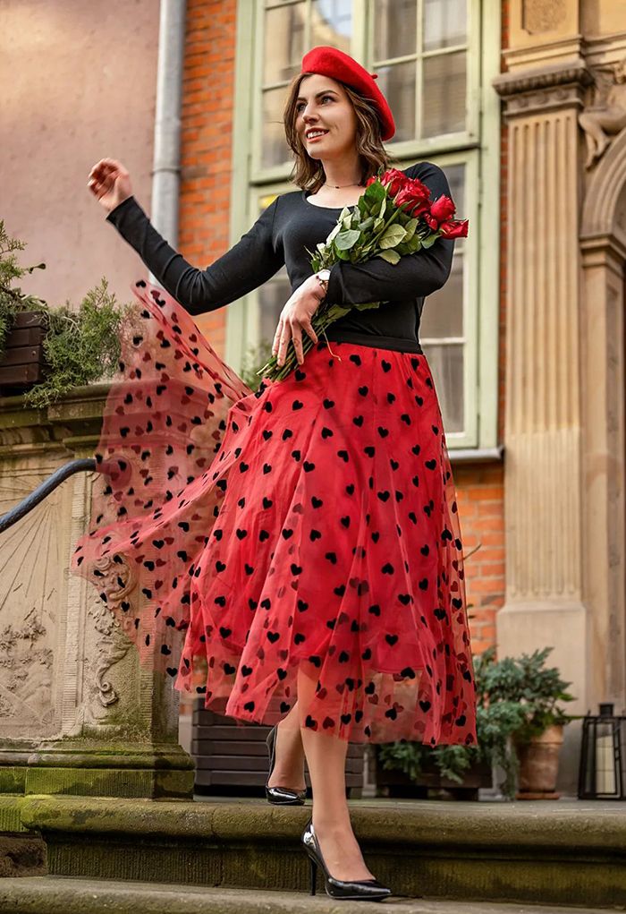 JASMINE | CRIMSON MAXI SKIRT WITH HEART ACCENT AND MESH LAYERING