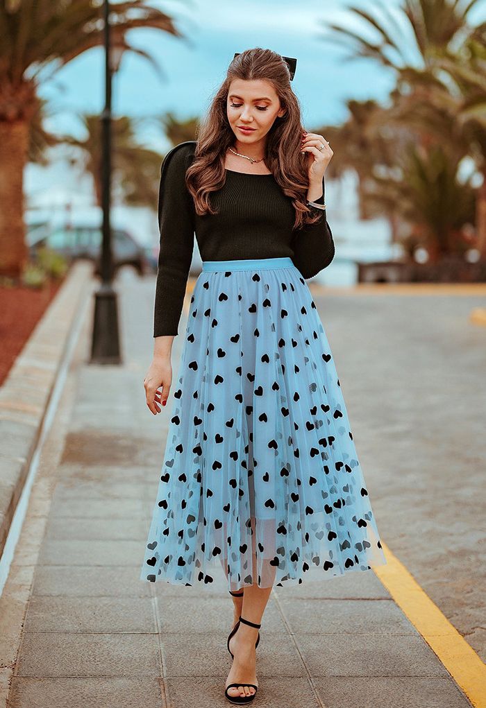 NATALIE | OCEAN BLUE MESH LAYERED SKIRT WITH HEART DESIGN