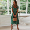 ELARA - BOHEMIAN GREEN MIDI DRESS WITH PUFF SLEEVE